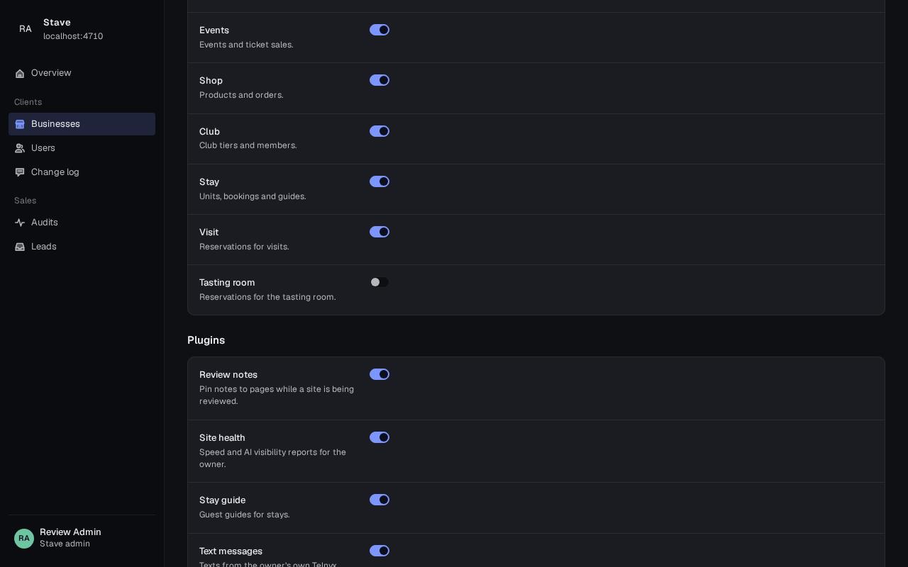 Business detail, plugins list