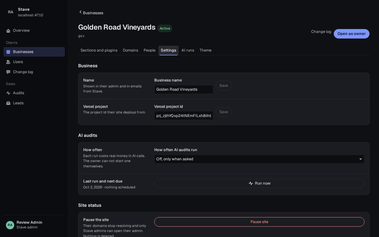Business detail, settings tab