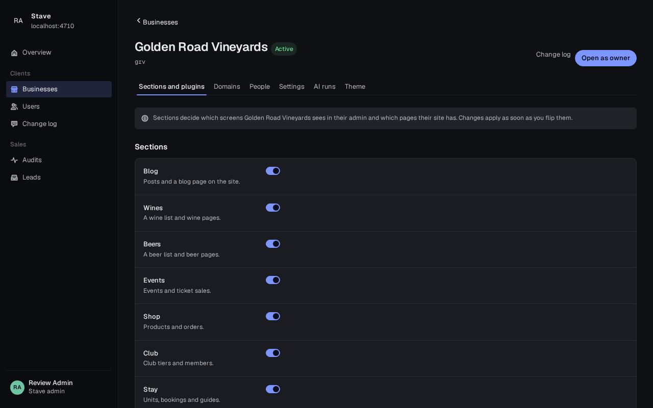 Business detail, sections tab