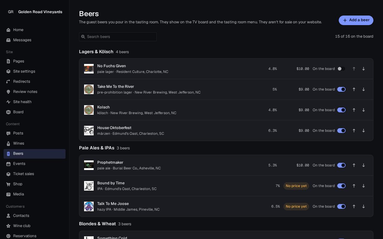 Beers grouped by style with board toggles