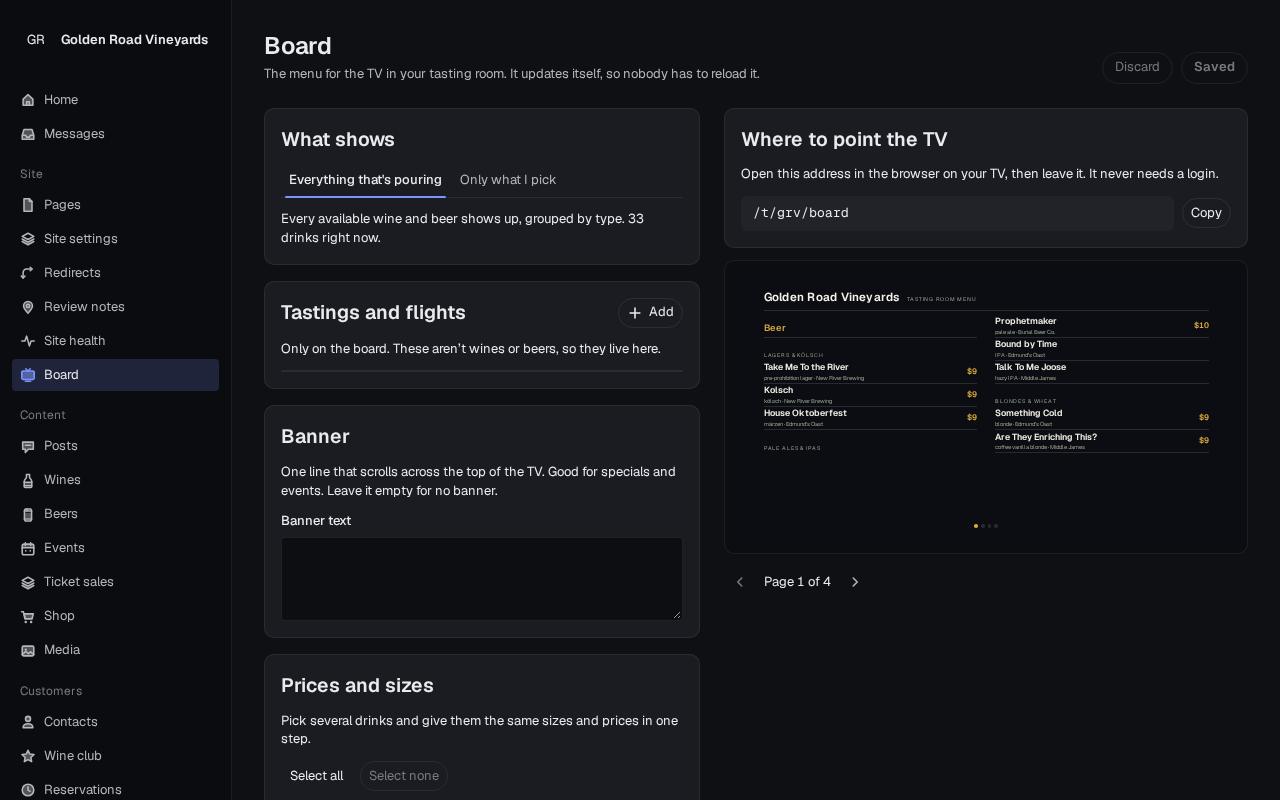 Board settings with a preview of the TV menu