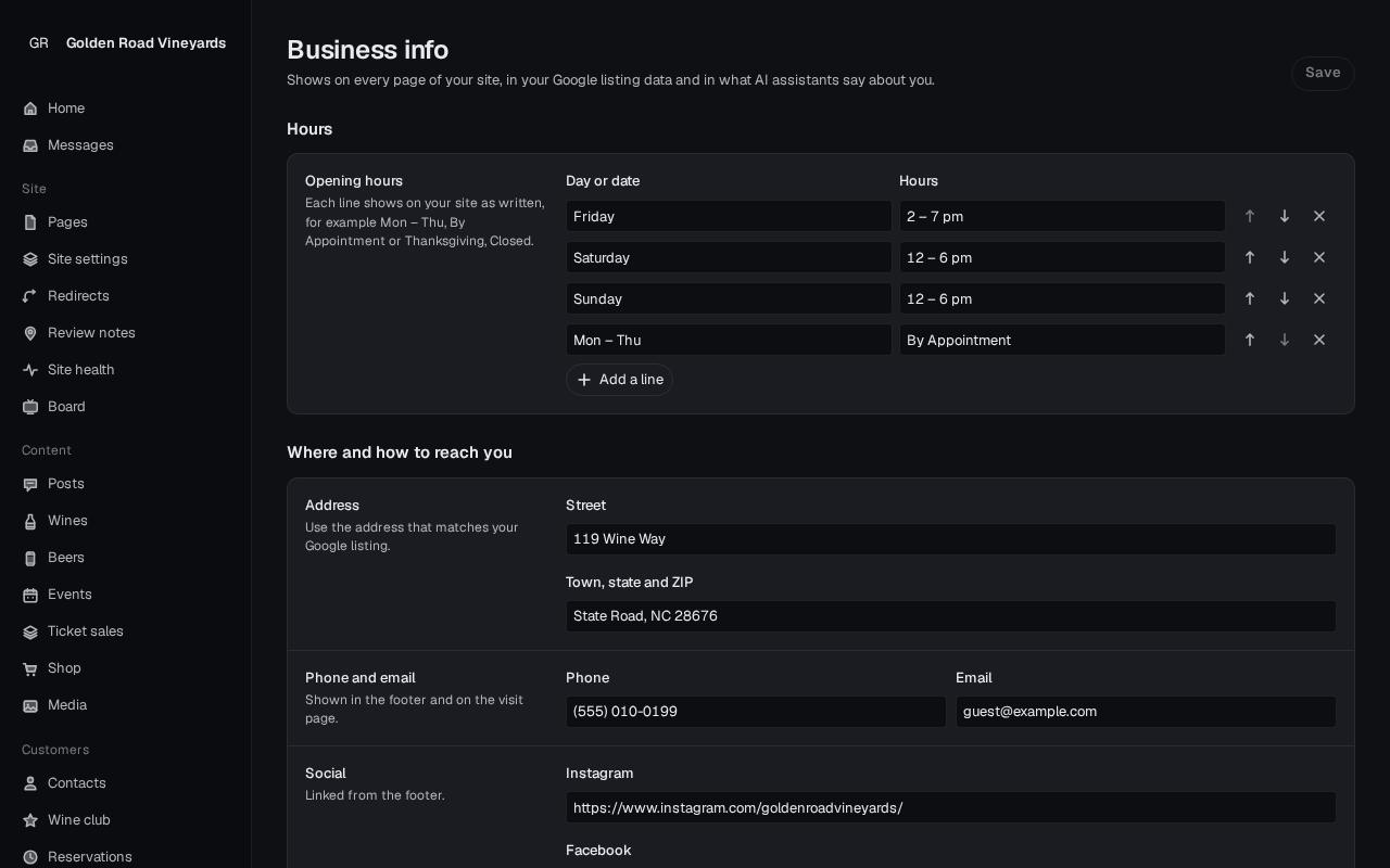 Business info with hours, address and contact details