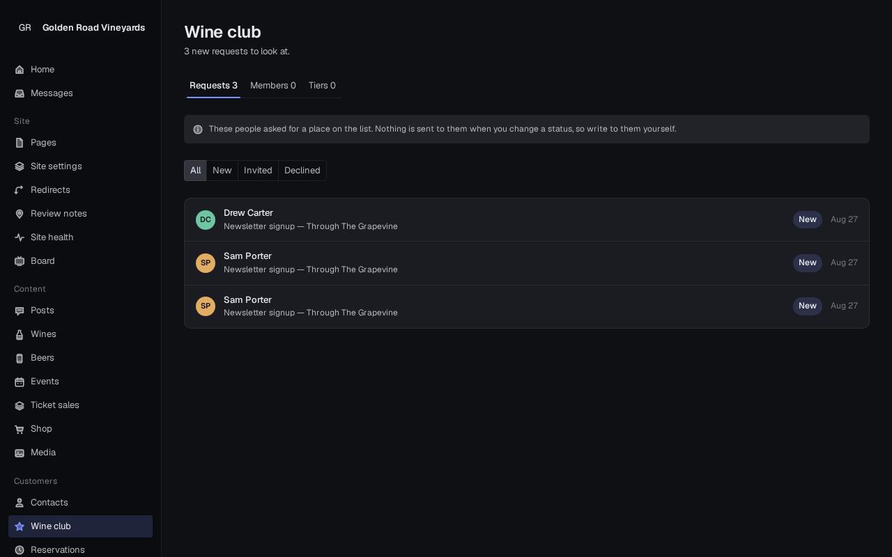 Wine club requests list