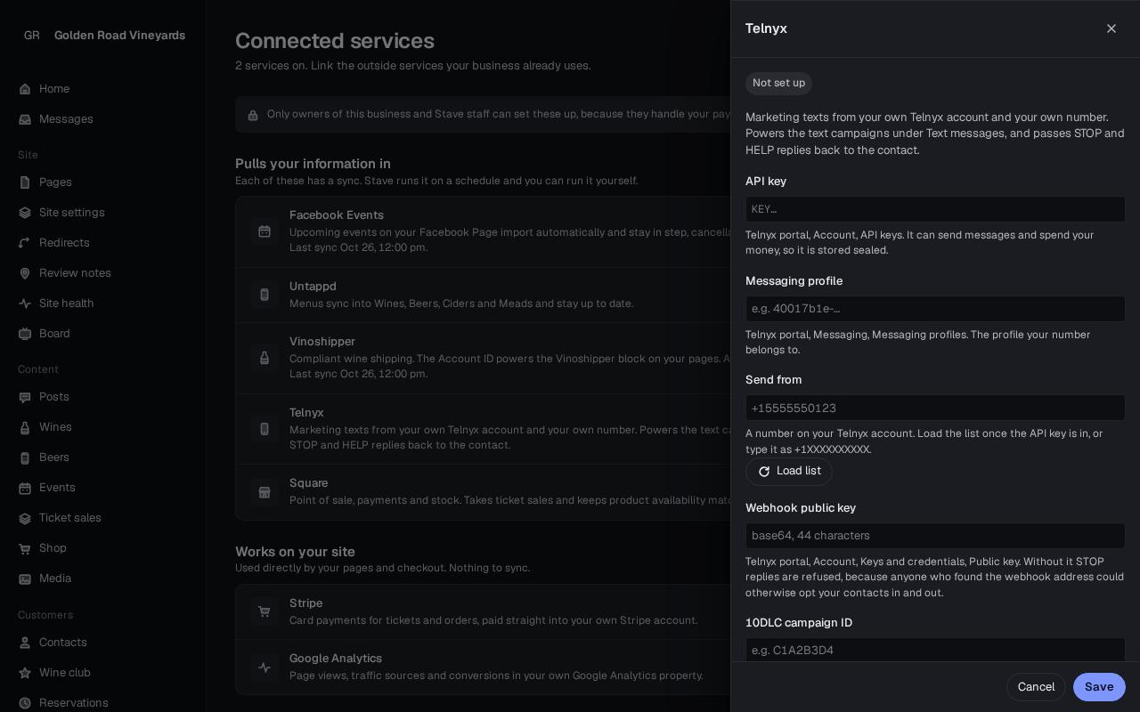 Telnyx setup panel with API key, messaging profile, send from, webhook key and 10DLC fields