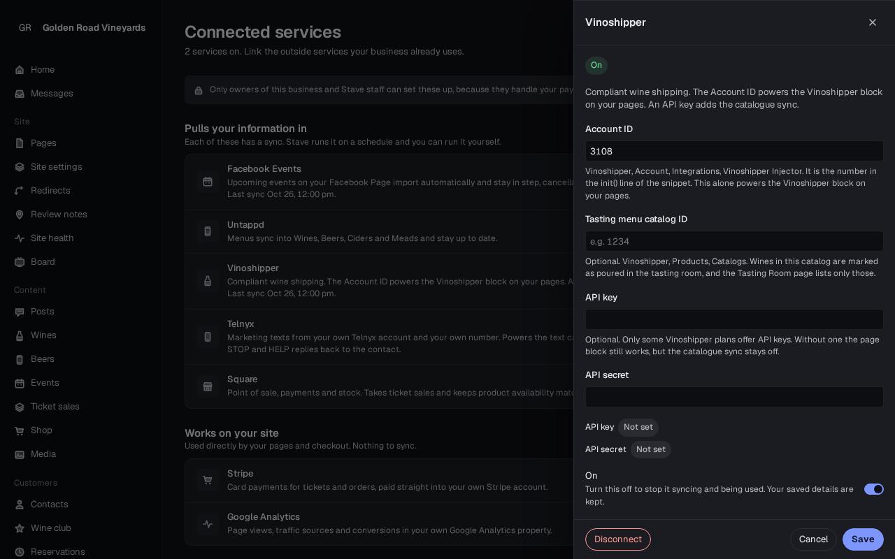 Vinoshipper setup panel