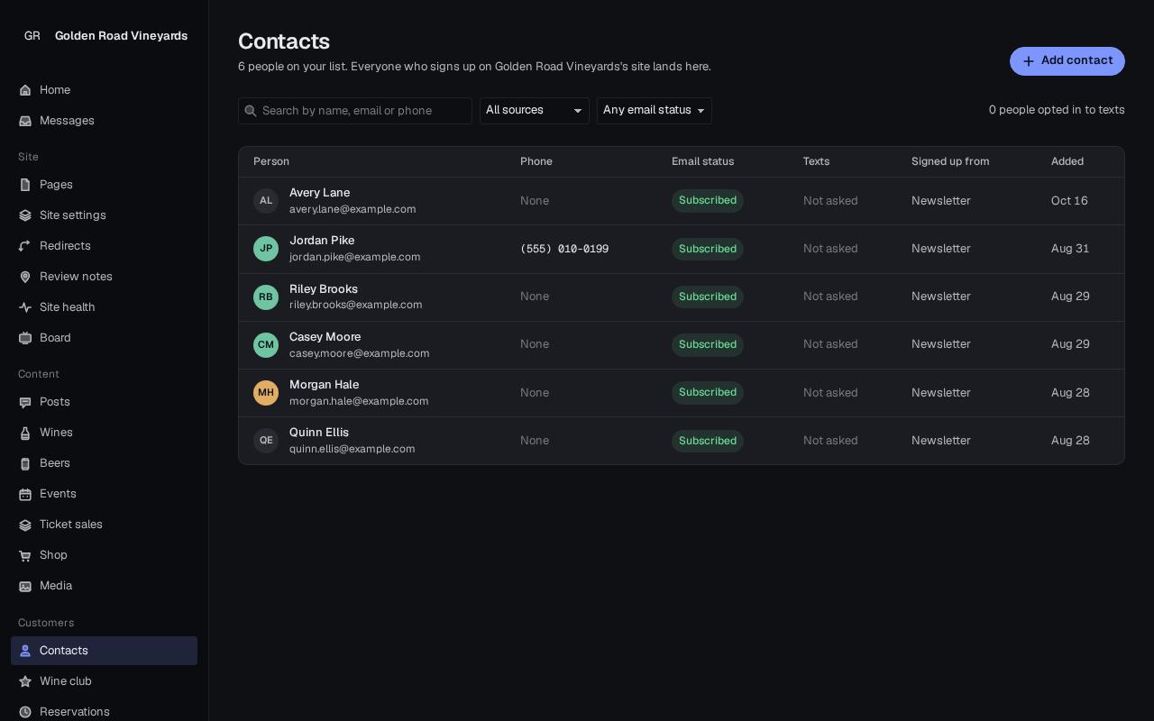 Contacts table with email status, text opt-in and source