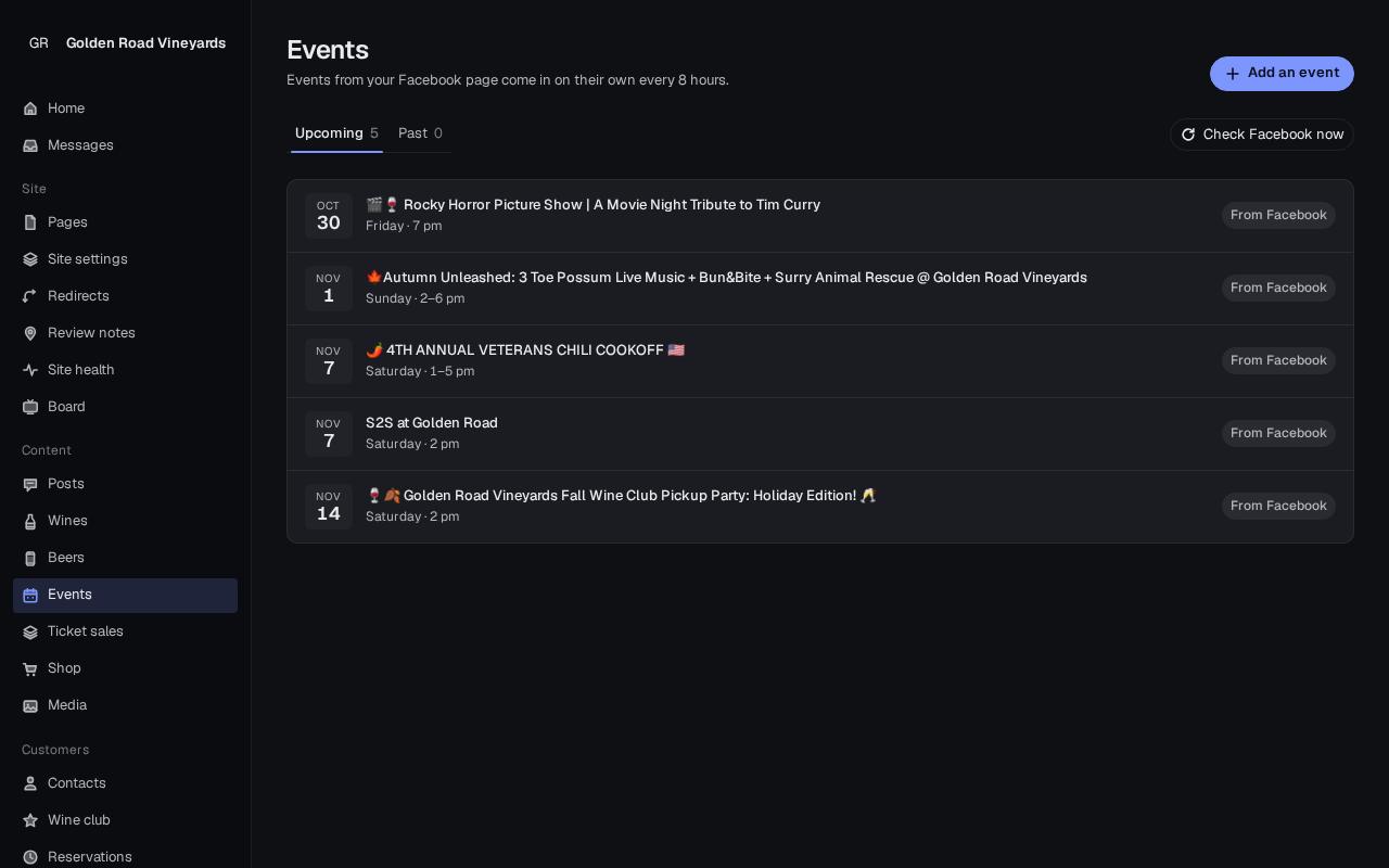 Events list showing events imported from Facebook