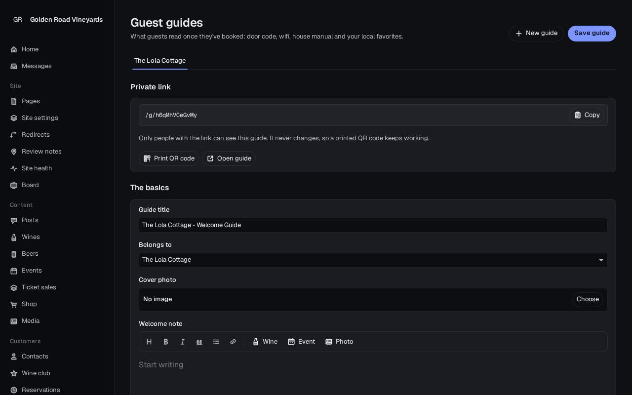 Guest guide editor with private link and QR code