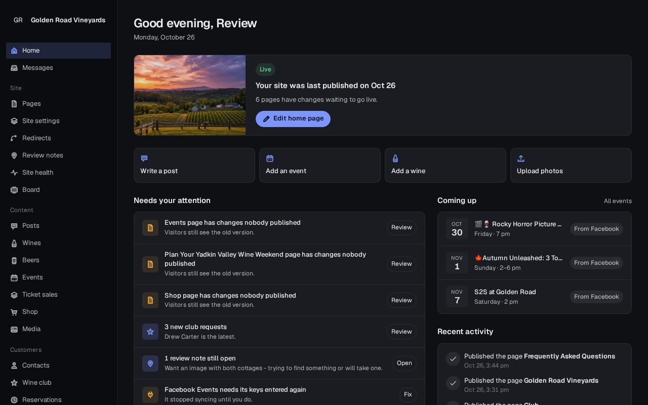 Owner home screen with publish status, shortcuts, needs your attention and coming up lists