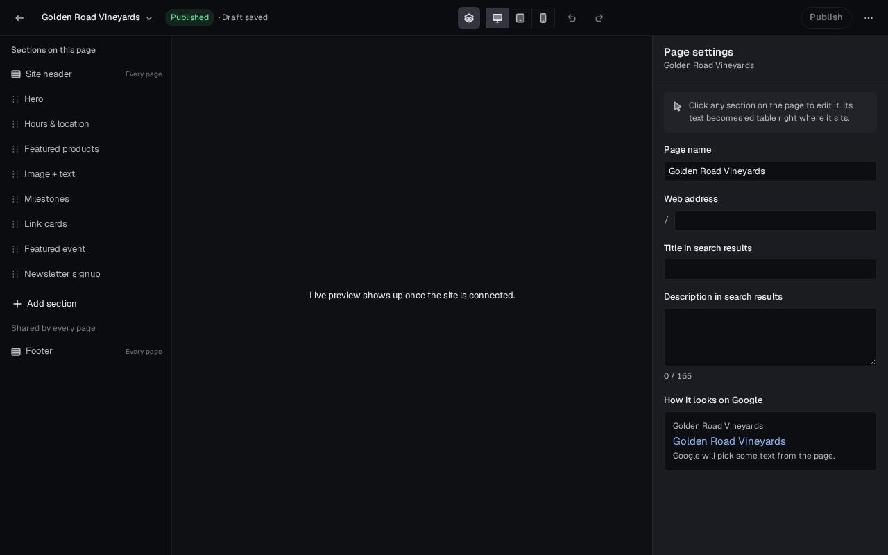 Page editor with sections list, preview area and page settings panel