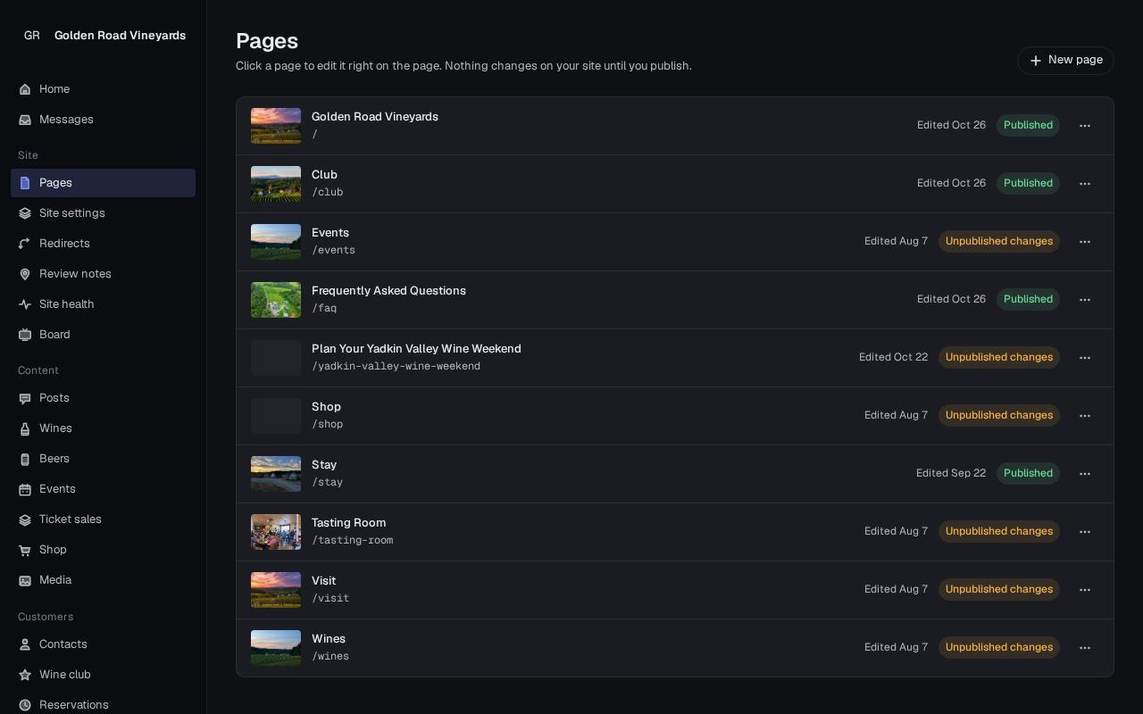 List of pages with published and unpublished changes badges