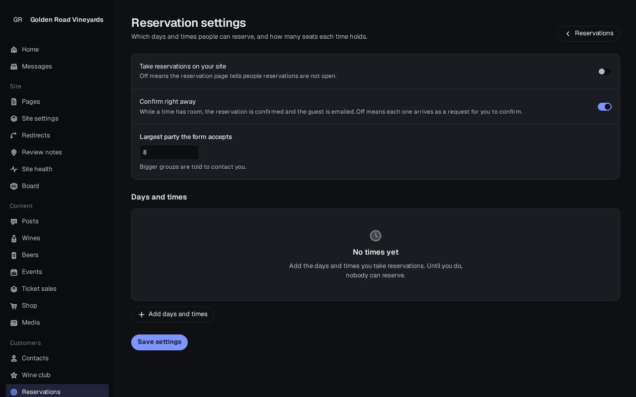 Reservation settings with toggles and days and times