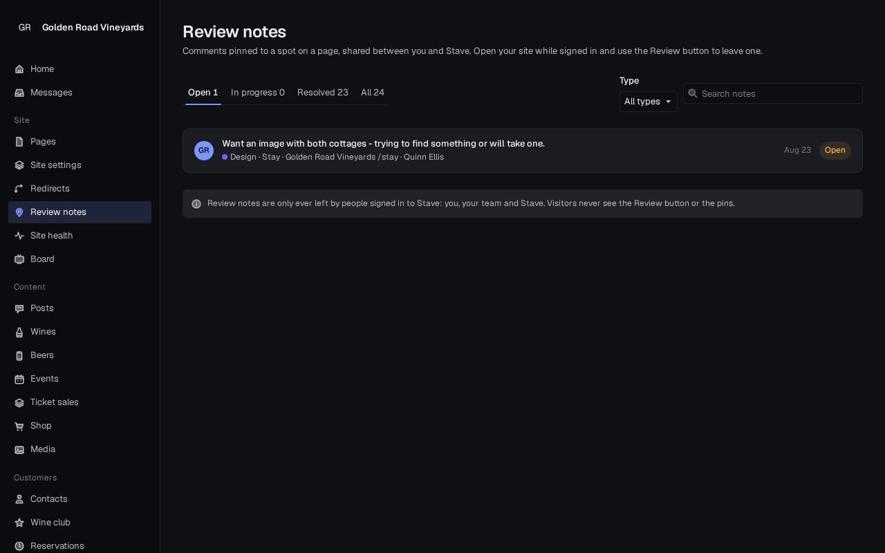 Review notes list with one open note