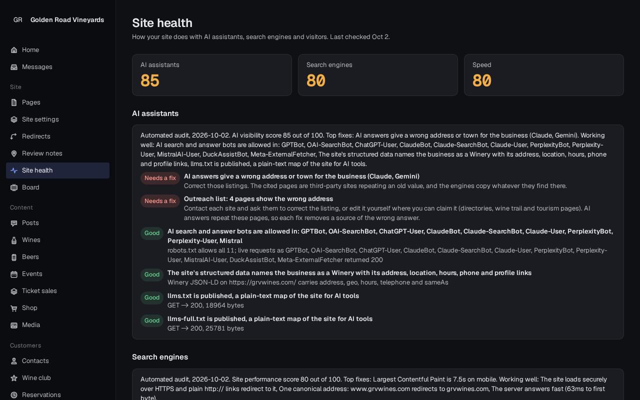 Site health with AI assistants, search engines and speed scores