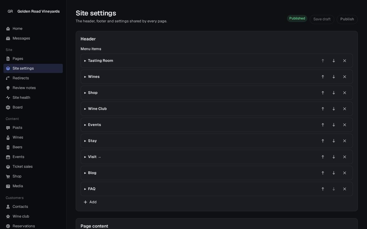 Site settings with header menu items
