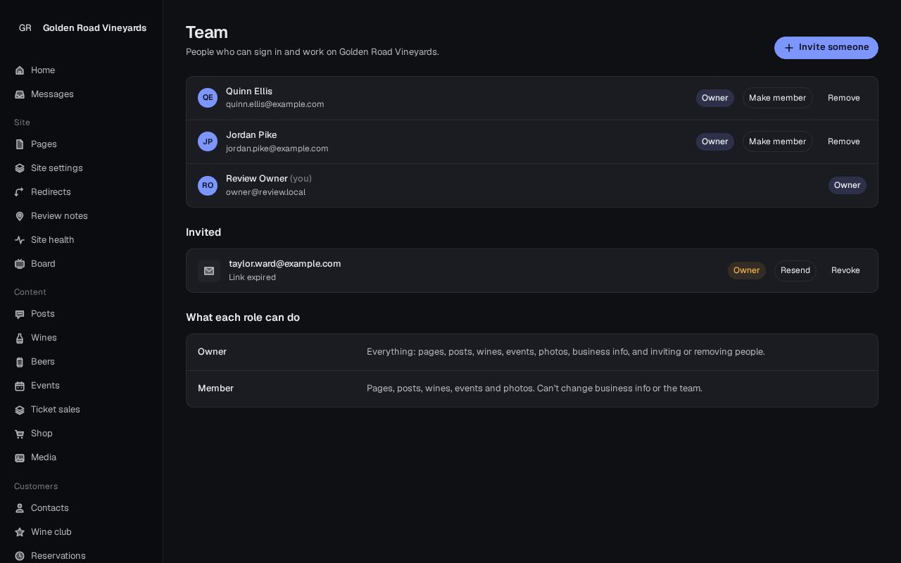 Team list with roles, an expired invite and the role table