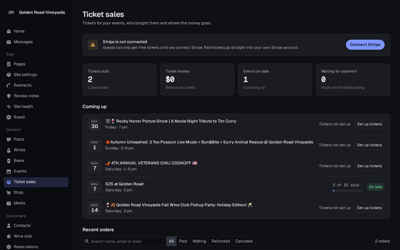 Ticket sales overview with Stripe not connected banner