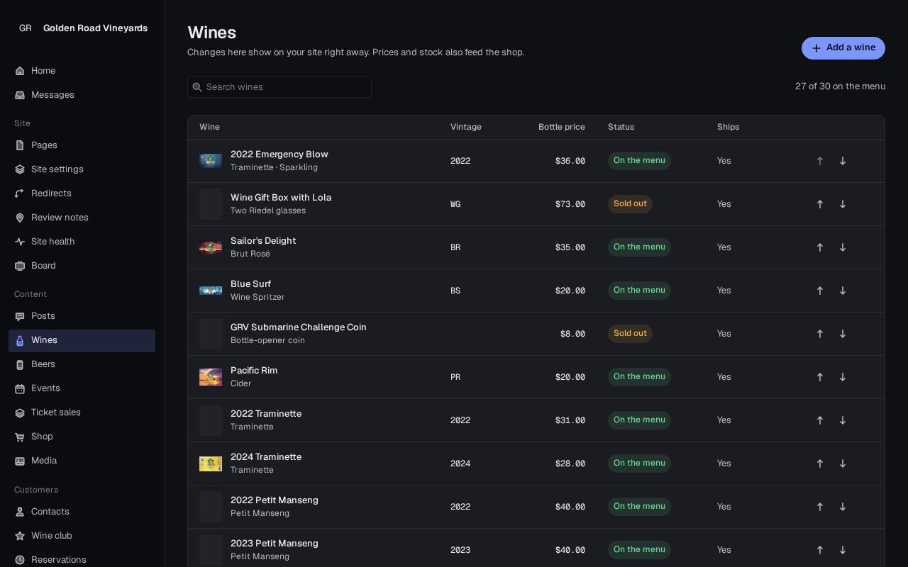 Wines list with vintage, price, status and shipping